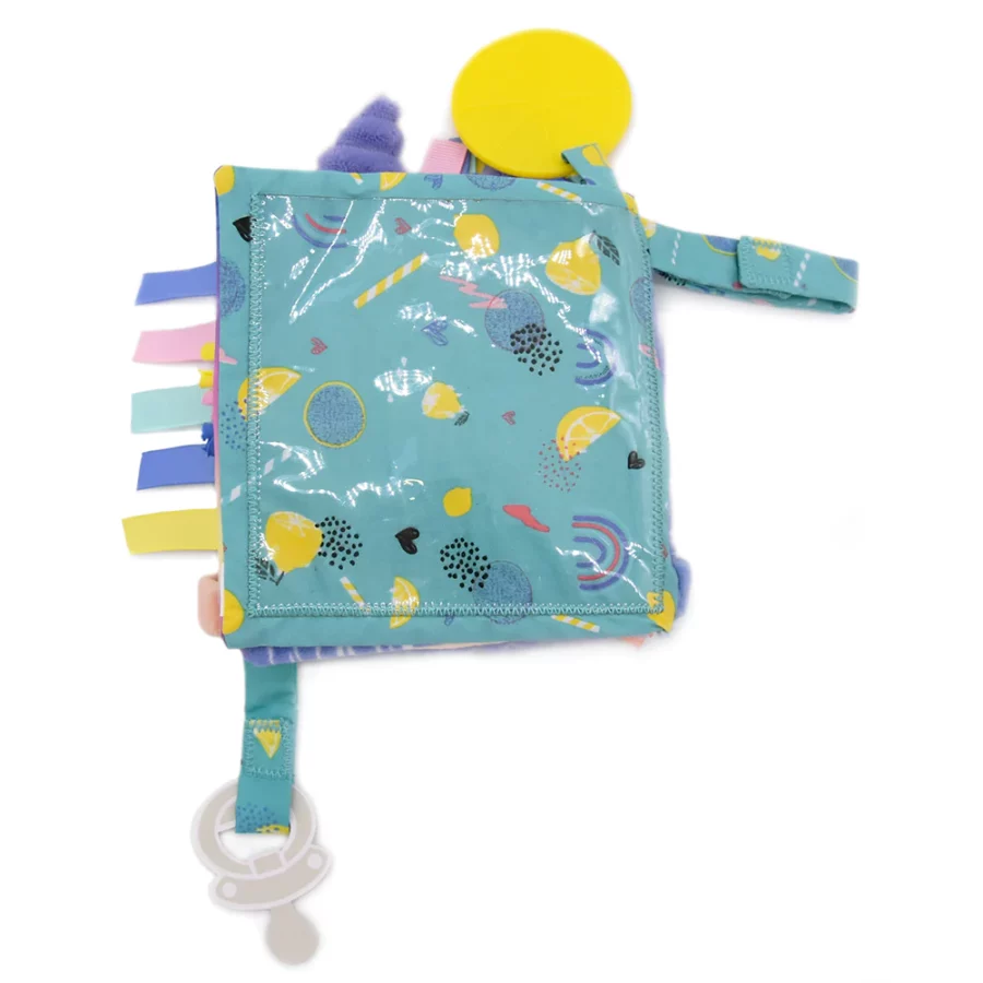 Arrière du livre d'éveil zèbre pour bébé, coloré avec plein de textures à toucher
