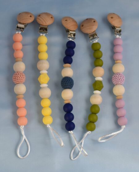 5 attaches tétines en perles de silicone pour garder la sucette procje de bébé : 5 couleurs disponibles : Rose, violet, vert, bleu et jaune
