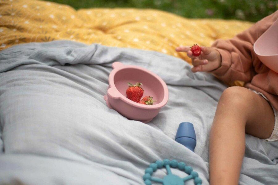 Bébé qui pique nique sur une couverture des fraises dans son bol en silicone rose