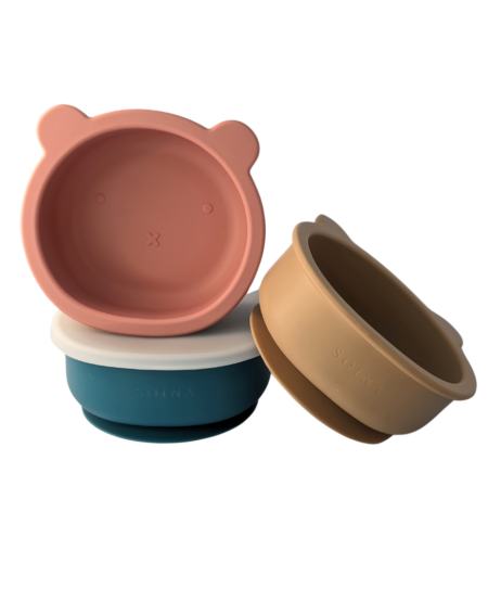 Bol en silicone en forme d'ourson pour les repas de bébé, trois coloris disponibles : rose, bleu et beige