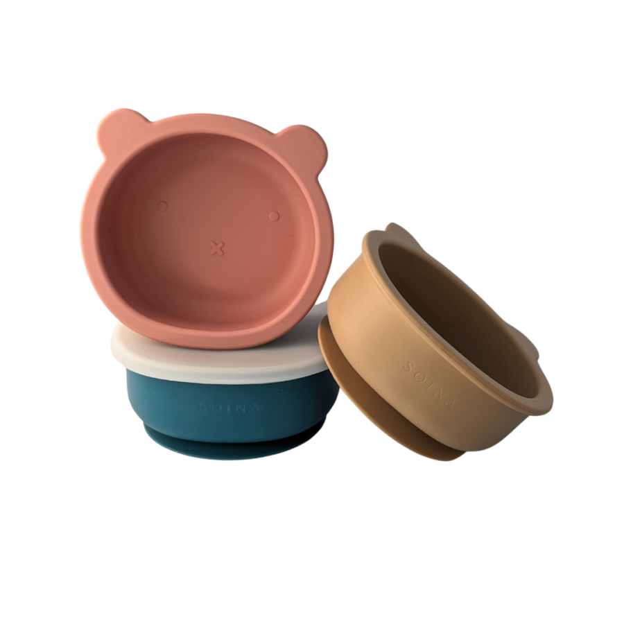 Bol en silicone en forme d'ourson pour les repas de bébé, trois coloris disponibles : rose, bleu et beige