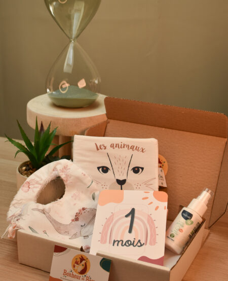 Box naissance à offrir avec un livre d'éveil, une carte étape, un bavoir et un produit de soin bio