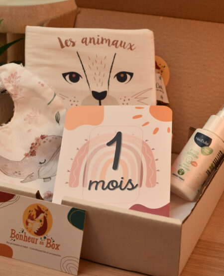Box naissance à offrir avec un livre d'éveil, une carte étape, un bavoir et un produit de soin bio