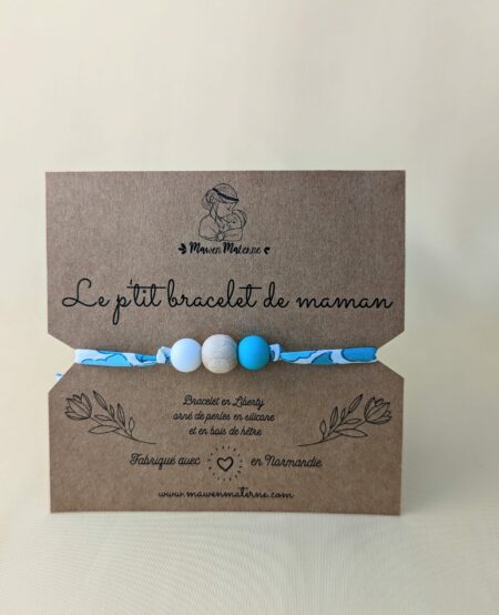 Bracelet d'allaitement bora bora avec des perles bleu blanche et bois