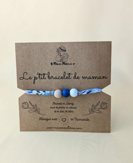 Bracelet d'allaitement Lilas avec des perles bleus foncé, beige et blanche