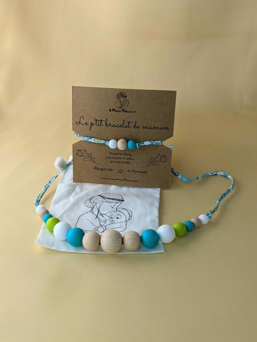Collier et bracelet d'allaitement bora bora avec des pereles bleu blanches et bois