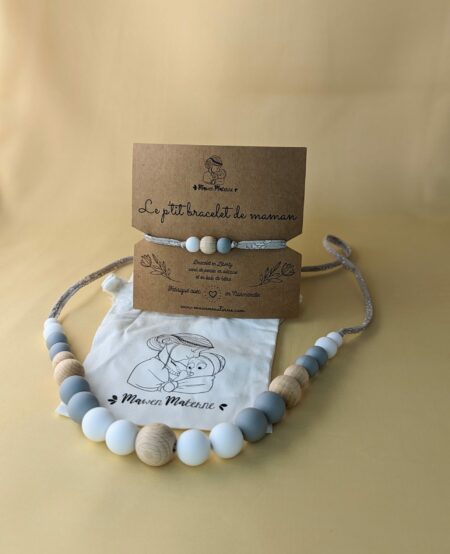 Collier et bracelet d'allaitement scandi avec de sperles blanches, grise et bois