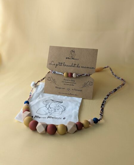 Collier et bracelet d'allaitement et de portage couleur noisette avec des perles marron couleur automne