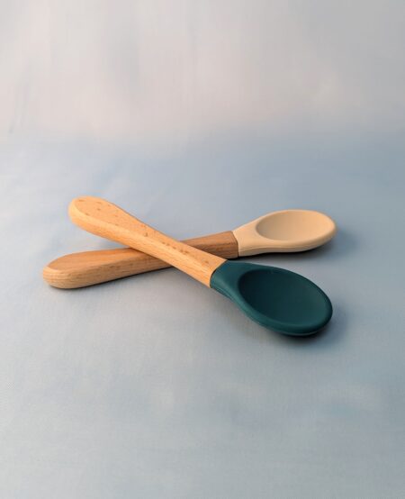 Cuillère en bois et en silicone pour les repas de bébé bleu et blanche