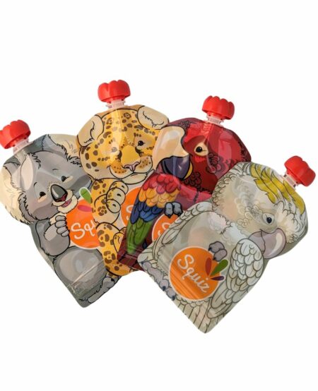 Gourdes réutilisables bébé 4 motifs au choix : perroquet, cacatoès, koala, jaguar