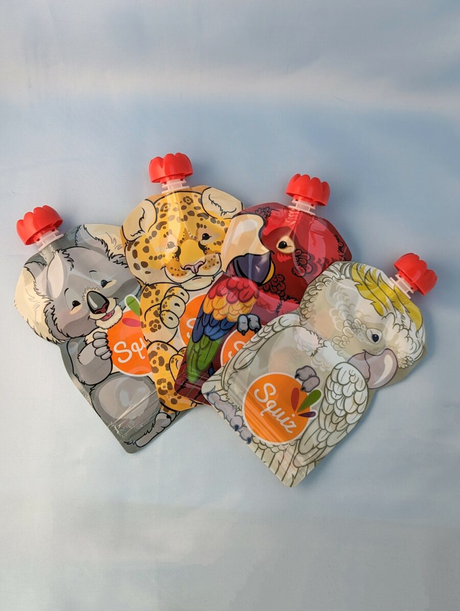 Gourdes réutilisables bébé 4 motifs au choix : perroquet, cacatoès, koala, jaguar