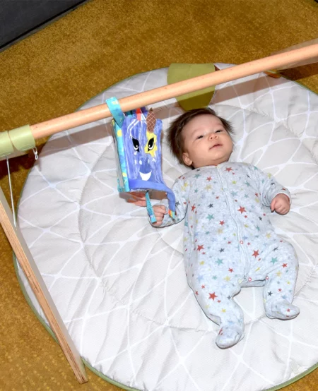 Bébé sur un tapis à langer qui regarde le livre d'éveil zèbre
