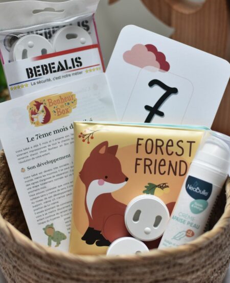 Box bébé mensuelle avec une carte étape, protections pour prises, crème apaise peau bio, et livre de bain renard.