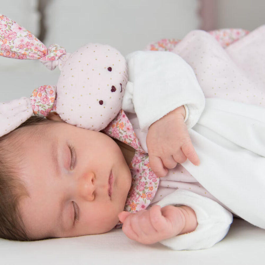 Bébé qui dort avec son doudou jolie bourquet