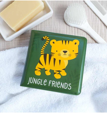 Livre de bain pour bébé animaux de la jungle, avant du livre avec un tigre